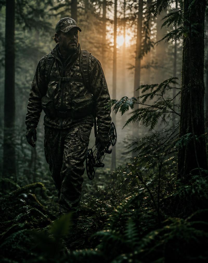 Hunter in camouflage walking through misty timber at first light